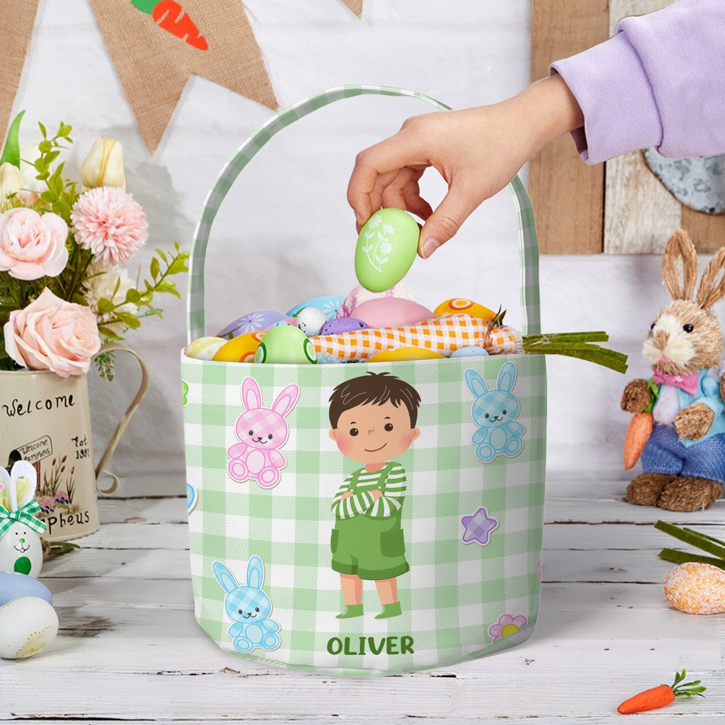 Adorable Kids Easter Basket With Eggs And Bunny - Personalized Easter Basket