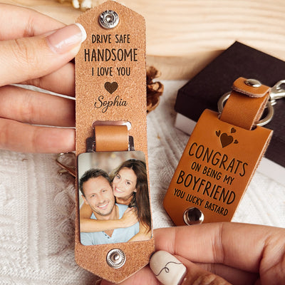 Congrats On Being My Boyfriend - Personalized Leather Photo Keychain