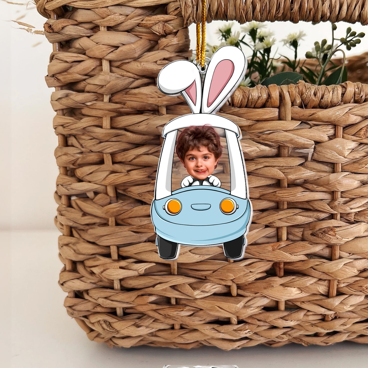 Custom Funny Face Bunny Easter Driving Car - Personalized Photo Easter Ornament