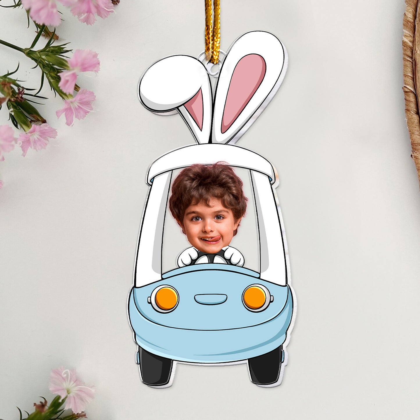 Custom Funny Face Bunny Easter Driving Car - Personalized Photo Easter Ornament