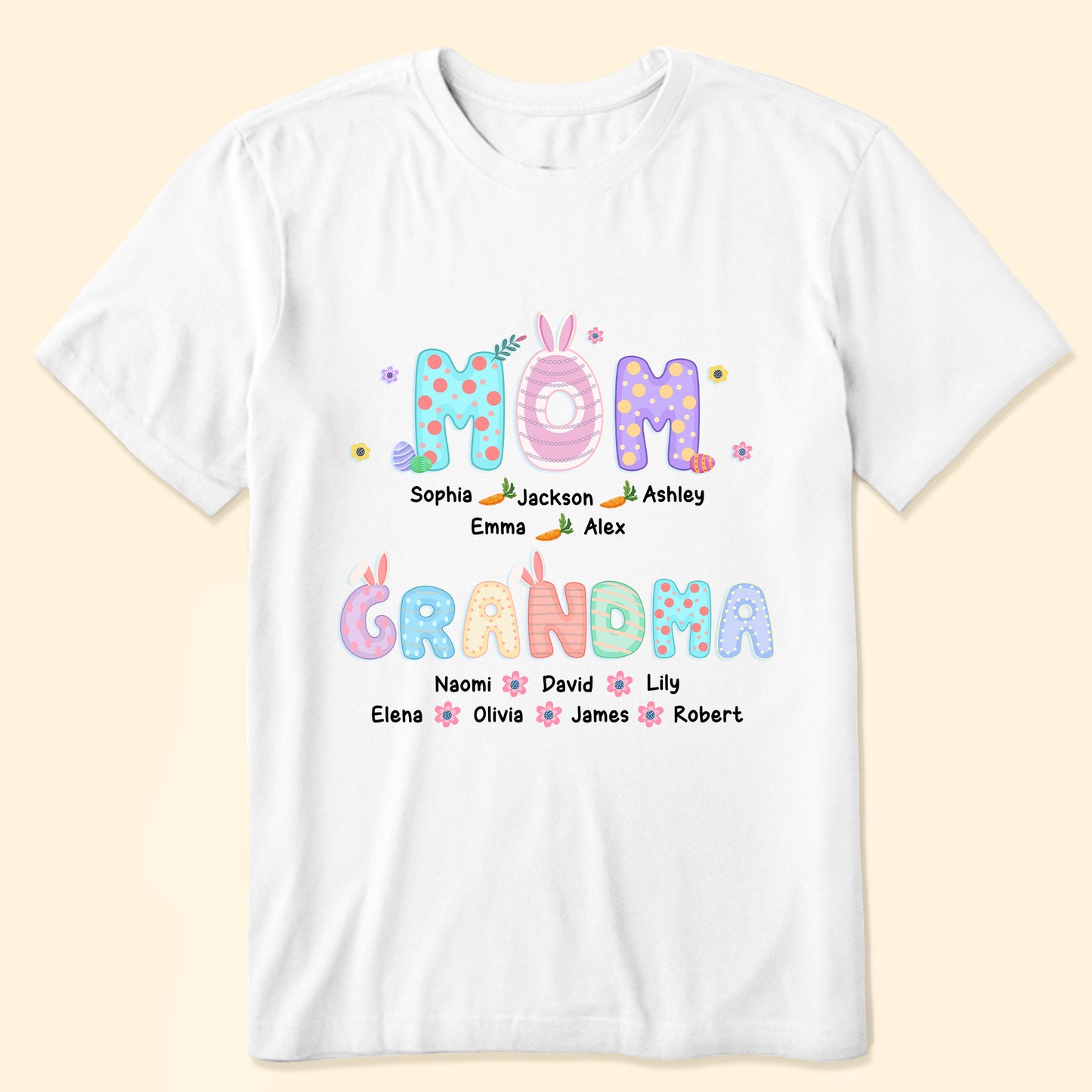 First Mom Now Grandma With Easter Bunny And Eggs - Personalized Shirt