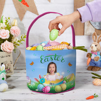 Happy Easter Kid With Easter Eggs - Personalized Photo Easter Basket