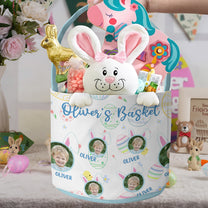 Kid Happy Easter With Bunny Ears - Personalized Photo Easter Basket