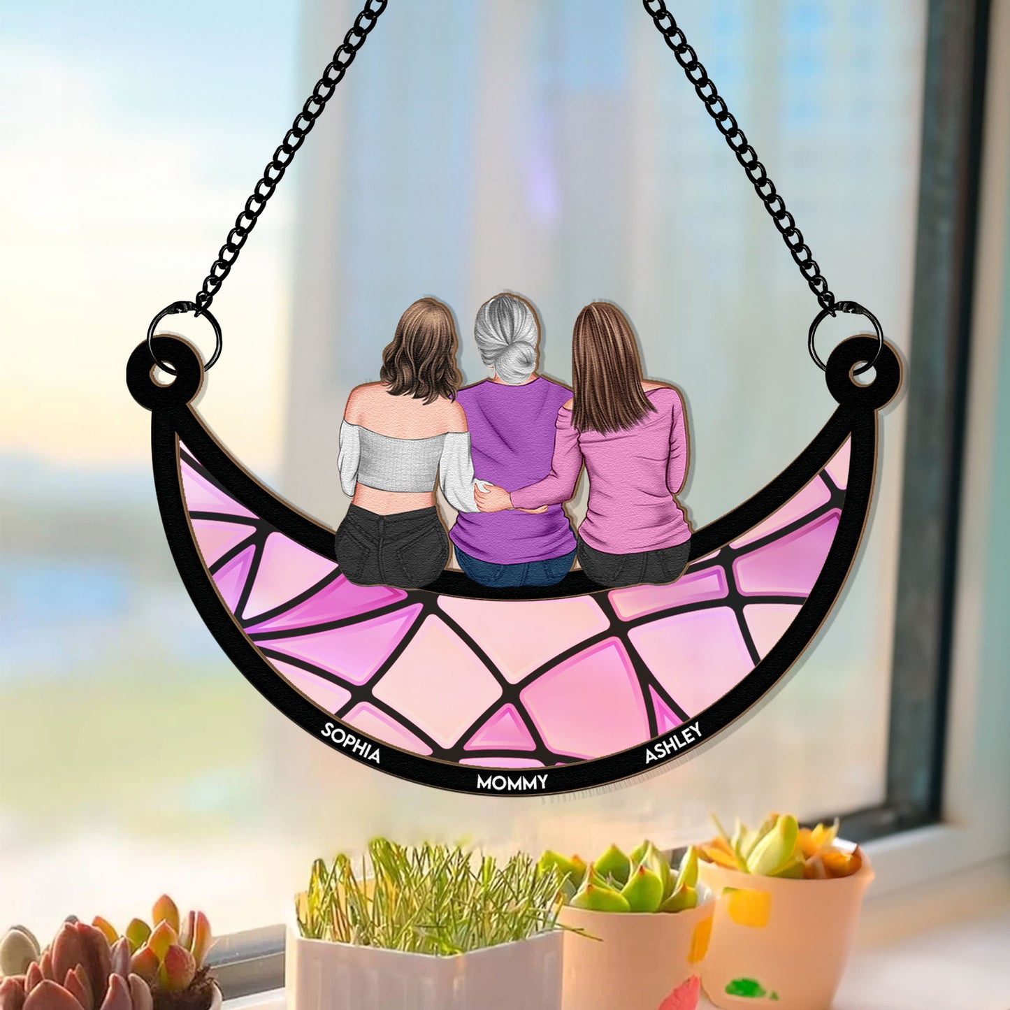 Mother & Daughter On The Moon - Personalized Window Hanging Suncatcher Ornament