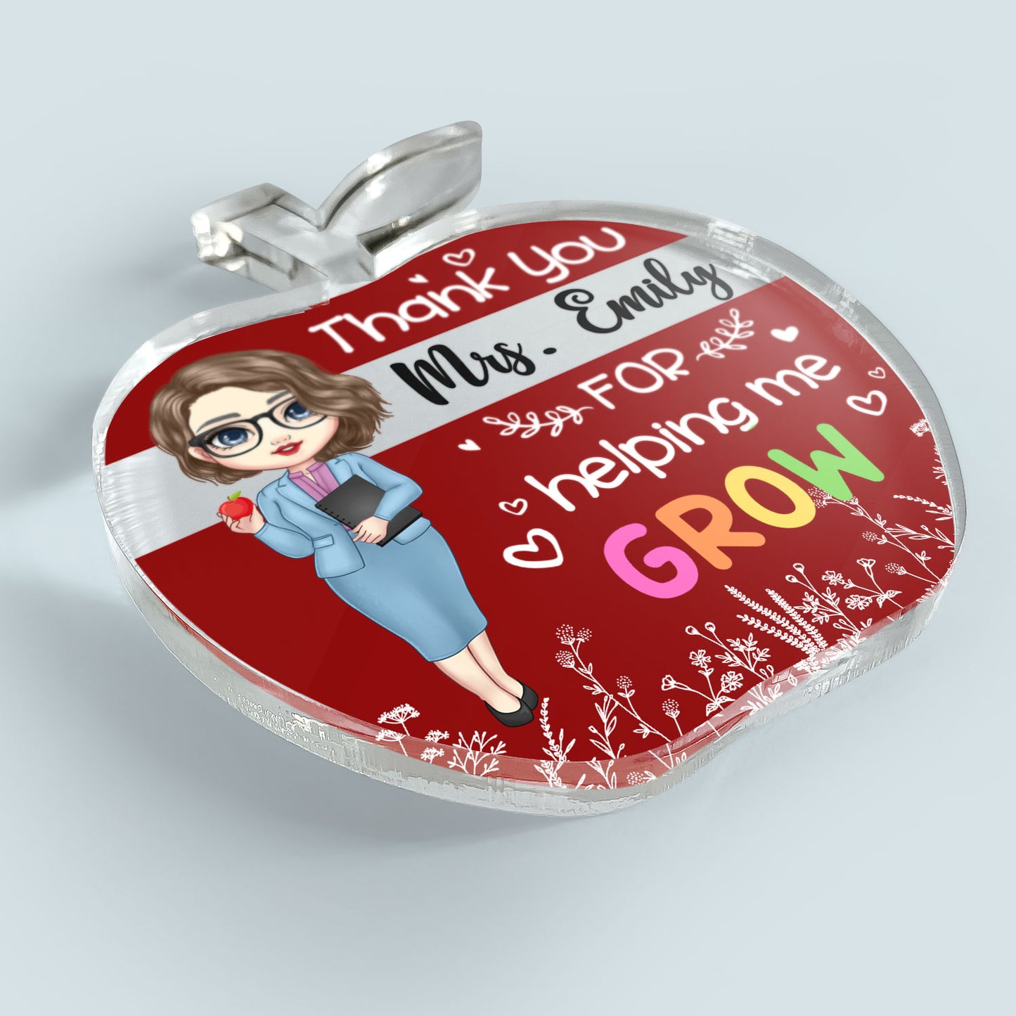 Thank You For Helping Me Grow - Personalized Apple Shaped Acrylic Plaque - Birthday, School Leaving, Appreciation Gift For Teachers  - From Students